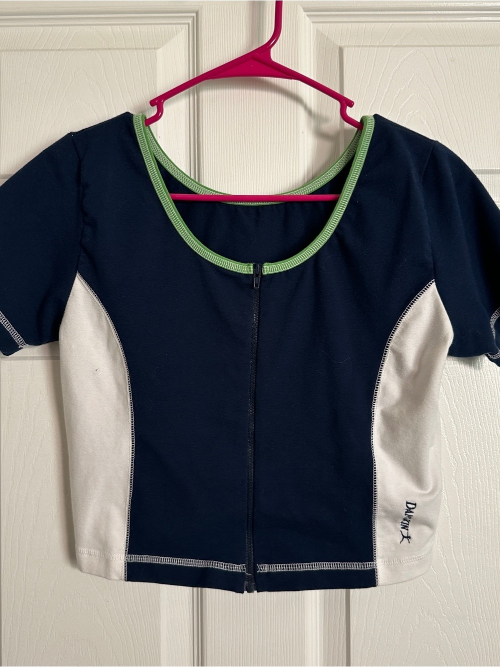 1980s Danskin Navy, White & Green Zip-Front Crop Top